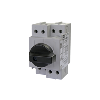 DC mini пакетен прекъсвач за монтаж на панел с гайка (1 отвор 16x11 mm) - 4P, 25 A, 600 V DC, IP 66, 2 стринга, незаключваема черна ръкохватка без маркировка